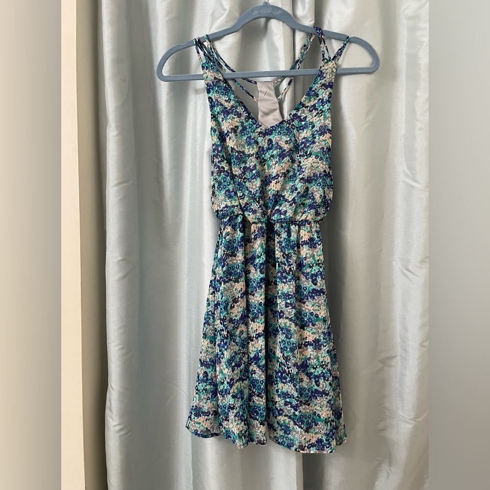 LUSH size XS Gray and Blue Floral Patterned Dress with halter strap back